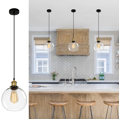 FORCOSO 3PCS Vintage Glass Pendant Light, Industrial Ceiling Pendant Lights with Clear Glass Globe Shade, Adjustable Pendant Lighting for Kitchen Island Dining Table Hallway Entryway（ø20CM）