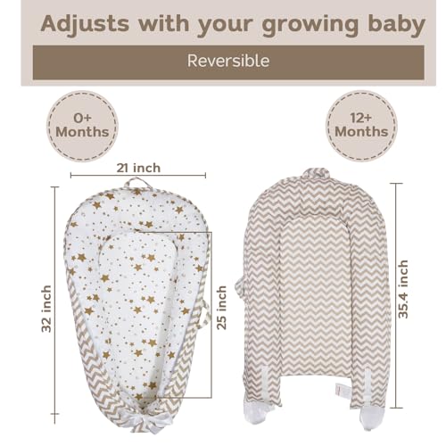 Image of Aila + Aiden Baby Lounger | Organic Cotton Infant Lounger | Reversible, Adjustable & Portable Floor Lounger |Supervised Use | Soft, Breathable, Washable Cover - Star Collection (White /Tan)