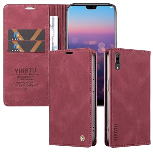 Funda Compatible con Huawei Y7 2019/Huawei Enjoy 9 Libro Fundas con Tapa Móvil Cuero Carcasa Magnética Tarjetero Protector Antigolpes Case/Ranuras Billetes/Acceso a Botones -Vino Rosso