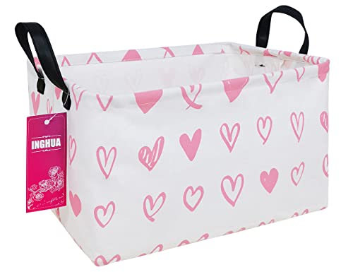 Image of INGHUA Rectangular Storage Basket Fabric Organizer Bin for Toys,Books,Clothes,Gifts,Pets-Perfect for Home,Office,Nursery,Dorm,Shelf(Rec-Pink hearts )