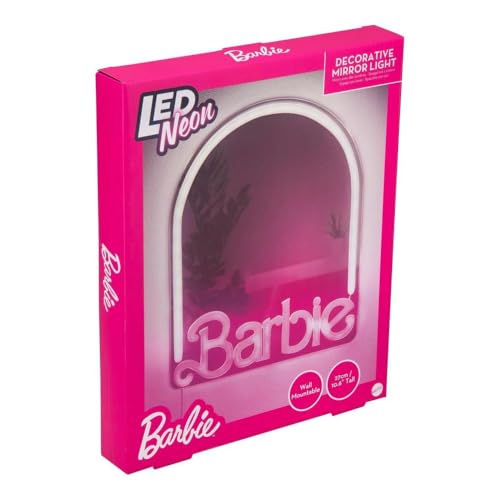 Paladone Espejo de Pared con luz LED de neón de Barbie, Decoraciones Oficiales de Mattel para el hogar y la habitación de niñas, Adolescentes, Mujeres, lámpara Rosa alimentada por USB