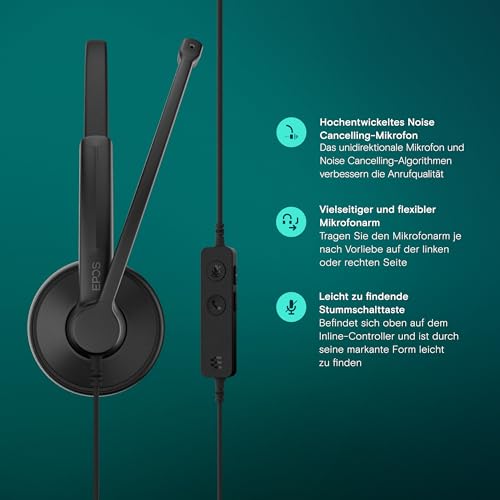 EPOS Impact 100 UC Stereo USB-C+A Headset mit Mikrofon, Universal Communications, Ger&auml;uschunterdr&uuml;ckung, Leichtgewicht, USB-Adapter, UC Professionell Kopfh&ouml;rer, Ohrpolster weich, Schwarz