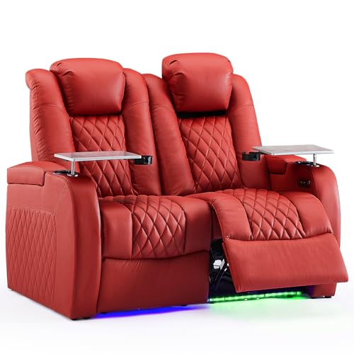 Image of Weilianda Home Theater Seating, Top Grain Leather Movie Theater Chair | Red Row of 2 Loveseat, Zero Gravity, Power Headrest, Tray Table, Electric Reclining Seat for Media Room