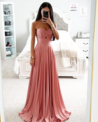 Satin Prom Dress Long with Pleats Strapless Zipper Back A Line Women's Formal Evening Dresses3