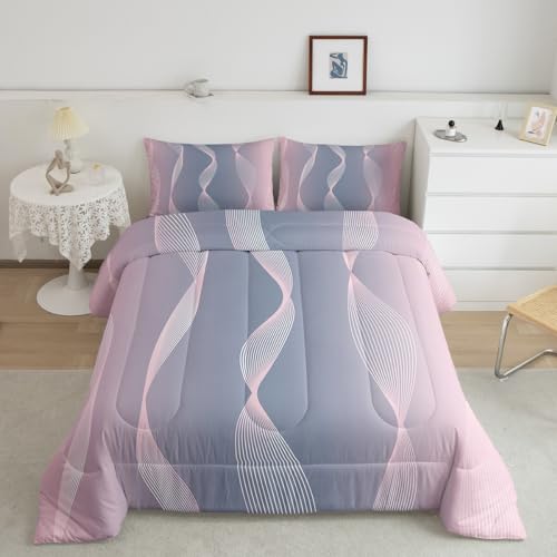 Erosebridal Gradient Pink and Grey Bedding Set Ombre Twin Comforter Set for Boys,Trippy Spiral Silver Wave Line Quilt,Abstract Art Room Decor Aesthetic