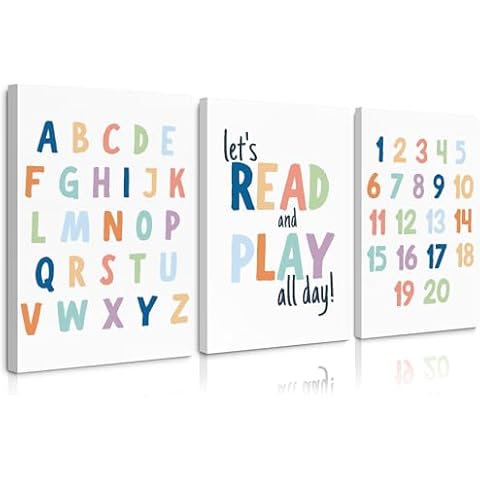 Kids Playroom Wall Art Decor Alphabet Poster Play Room Canvas Wall Decor ABC Nursery Wall Art 123 Toddler Poster Let's Read for Boy Girl Room 12x16 Inch Framed Set of 3 Cover