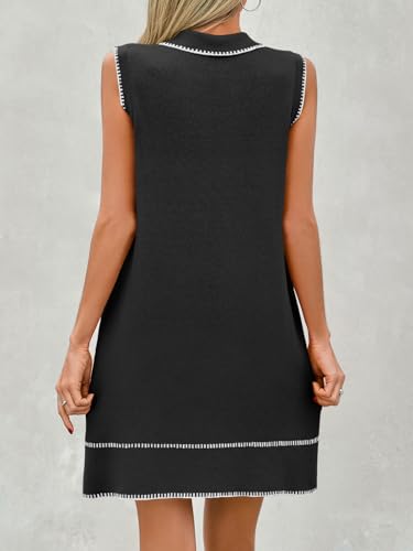 Wenrine Womens Sleeveless Mini Dress Casual Collared V Neck Contrast Stitch Loose Summer Knit Tank Dresses4