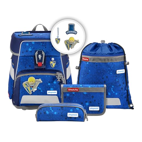 Step by Step Schulranzen-Set Space Playmobil „Novelmore Arwynn“ 5-teilig, ergonomischer Tornister, höhenverstellbar mit Hüftgurt, für die Grundschule, ab der 1. Klasse, 20L, blau, Novelmore-Design