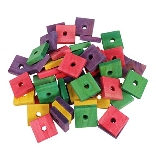 POPETPOP 50 Pieces Wooden Blocks Chewing Toy Bite Toy Bird for Bird Parrot DIYPlaying Toy Cage Accessory (Mixed Color)