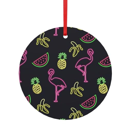 Decorazioni natalizie in metallo con stampa ananas, banana, fenicottero, doppio lato in lega con corda rossa, per decorazioni natalizie