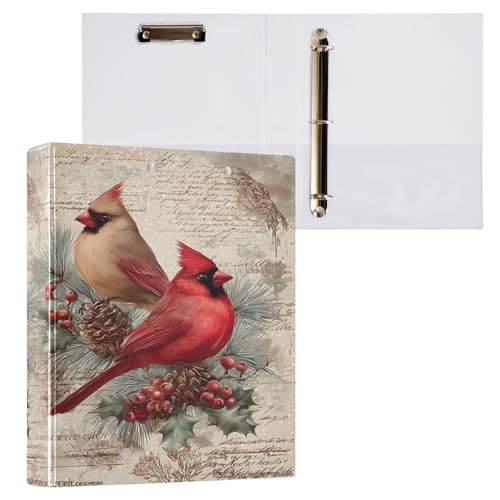 Image of 3 Ring Binder Cardinals Bird Pine Cone Christmas 1.5 inch Binders Three Ring Binders with Clipboard Fit 8.5'' x 11'' Paper 3 Interior PVC Clear Pockets for Office Supplies