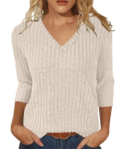 JomeDesign Sweaters for Women 3/4 Sleeve Tops V Neck Loose Casual Tunic Blouses