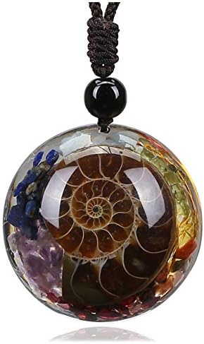 Top Plaza 7 Chakra Natural Healing Crystal Stone Pendant Necklace Adjustable Resin Ammonite Fossil Spiritual Necklace Jewelry for Women Men