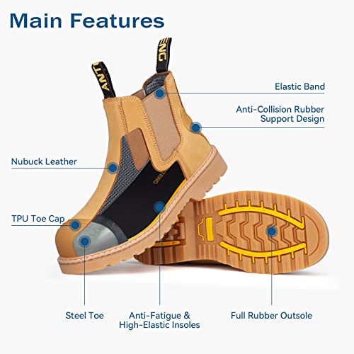 Anteng Men Work Boots, Steel Toe Nubuck Leather Footwear, Non-Slip Rubber Outsole Boot, Safety Construction Shoes, Breathable, Water-Repellent, Quick Dry (At601, Wheat,9.5) #TOP1