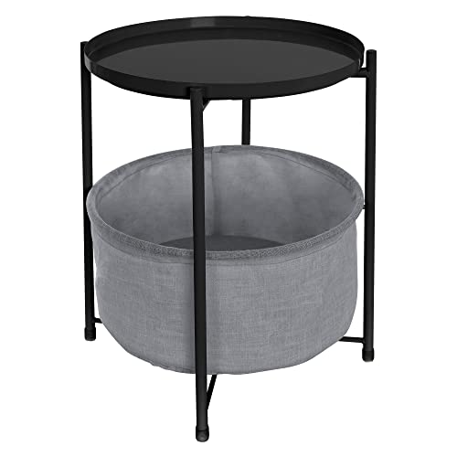 ML-Design Mesa Auxiliar Redonda Ø 45,5 X 52,5 cm Negro/Gris de Metal Mesita de Centro con Cesta de Tela y Bandeja Extraíble Velador con Almacenamiento Diseño Moderno Mesilla de Noche Pequeña