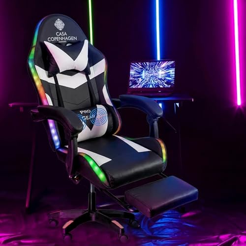 Image of Casa Copenhagen Designed in Denmark,High-Back Italian Leather Gaming Ergonomic Chair with Advanced Mechanism with LED Light & Electric Back Massager, Memory Foam Seating - White & Black