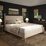 Yechen Queen Bed Frame with Headboard, Wood Bed Frame with Solid Wood Posts, No Box Spring Needed, Beige Linen
