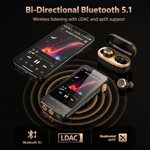 Image of HIFI WALKER H20 Pro Hi-Res Music Player with Bluetooth, Digital Audio Player with 3.2 inch Touchscreen, Dual DAC, 3.5mm & 4.4mm Balanced Output, USB DAC, 64GB Micro SD Card Included