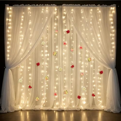 Image of The Party Louge White Backdrop for Decoration- 2pcs. | Net Curtain Decorations| Ganpati Decoration Setup for Home | Cabana Tent Backdrop| Romantic Dinner, Anniversary, Birthday Party Celebration