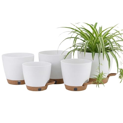 montresor 5-Pack Self-Watering Planters with Wick & Reservoir (5/5.5/6/6.5/7 Inch) – Plastic Indoor Pots with Drainage, Modern White Flower Pot for Violet, Herb