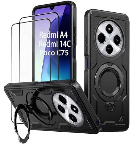 KANSi Hülle für Xiaomi Redmi 14C / Poco C75 mit Schutzglas*2 Militär Handyhülle Ständer Stoßfest Gehäuse mit Metallring Ringhalterung - Panzerhülle Schwarz
