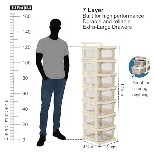 Image of Aliensware 7Layer Plastic Storage Drawer Organizer with Wheels, Modular Cabinet for Home, Office, School, Hospital, Parlor, Morden Kitchen, Clothes, Toys Organiser for Kids Room-Aliens-Clear Ivory