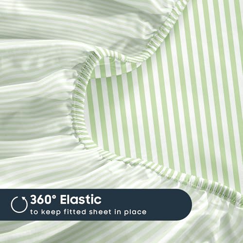Image of Wake In Cloud - Striped Bed Sheets, 4-Piece Sheet Set, Ticking Vertical Pin Stripe Modern Farmhouse Pattern Printed Bedding, Deep Pocket, Sage Green White, Twin Size