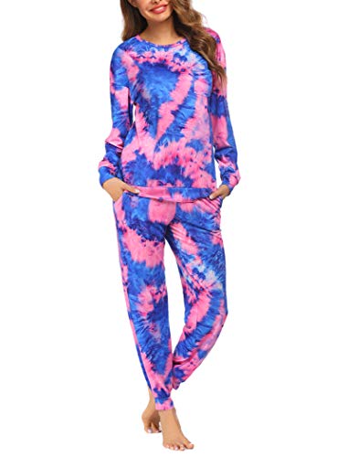 Ekouaer Womens Pajamas Set Tie Dye Printed Long Sleeve Tops and Pants 2 Piece PJ Sets Joggers Loungewear Sleepwear with Pockets S