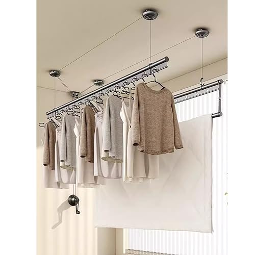 Stendibiancheria da soffitto - Sistema di carrucole a manovella Manuale con 3 aste di Sollevamento per Balcone, casa ed Esterni - Stendibiancheria efficiente (Colore A)