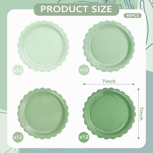 WNINK 48 Pcs Sage Green Paper Plates Gradient Green Party Plates 7”Disposable Round Dessert Plates for Birthday Wedding Bridal Engagement Baby Shower Party Supplies Dessert Plates Tableware
