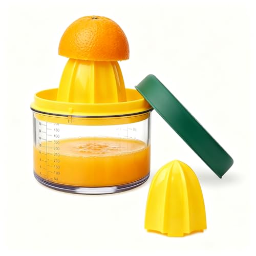 KITCHENDAO 2 in 1 Lemon Orange Citrus Juicer with lid for Sanitary Storage, Manual Hand Squeezer with Built-in 16OZ Measuring Cup, Multi-function Manual Juicer with Reamers and Non-Slip Base, BPA Free