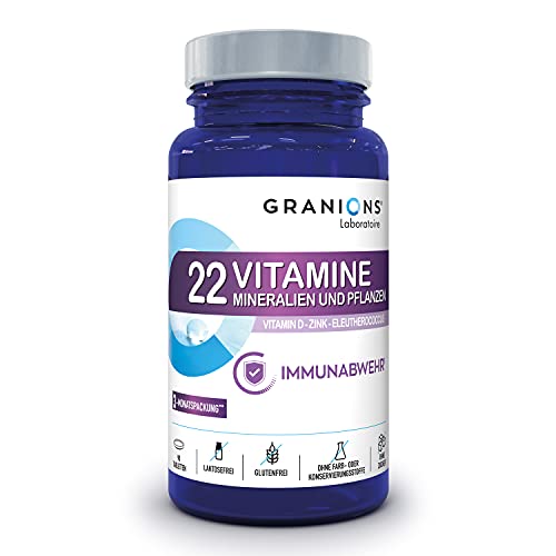 GRANIONS 22 VITAMINE, MINERALIEN, PFLANZEN IMMUNITÄT - Vitamine A B C D3 E + Oligoelemente Zink Magnesium + Sibirischer Ginseng - Optimierte Aufnahme - 90 Tabletten - ECO Format 3 Monate Cover