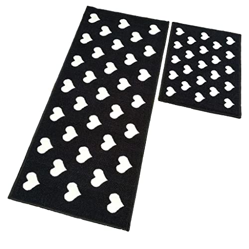 Image of Matz & More Black & White Heart Pattern Runner & Floor Mat Set, Nylon Tufted Anti-Slip Rubber Backing, Washable Indoor Rug, Runner 120 x 50 cm for Bedroom, Living Room & Entrance