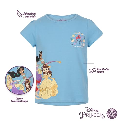 Disney Girls' T-Shirts Princess, Ariel, Cinderella, Tiana, Jasmine, Aurora 4 Pack Short Sleeve Tee3