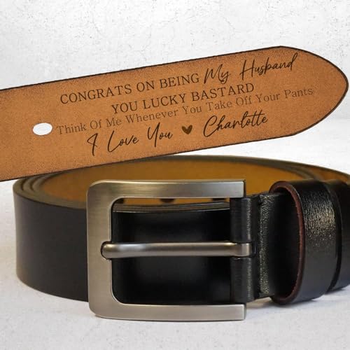 Generic Congrats On Being My Husband You Lucky Bastard - Personalized Engraved Leather Belt, 43 inches, Brown / Black3