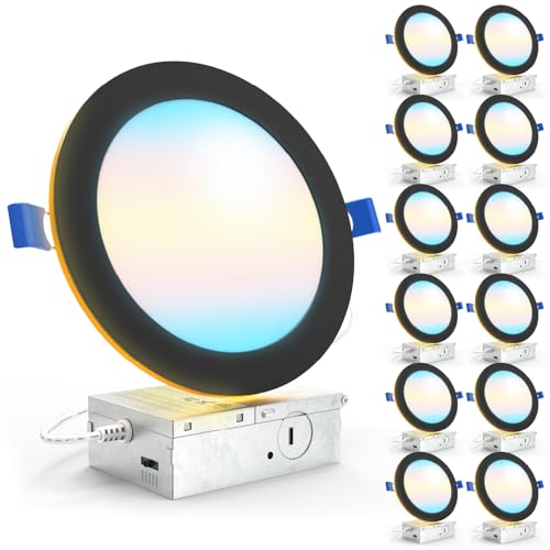Sunco 12 Pack Black Recessed Lights 6 Inch LED, Canless with Night Light, Wafer Thin, 1500 Lumens, Selectable CCT 2700K/3000K/4000K/5000K/6000K, Dimmable, 15W, with Junction Box UL/ETL