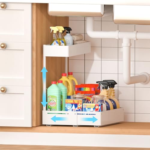 REALINN Organizador Expandible Bajo Fregadero, Organizador de 2 Niveles con Altura Ajustable, Estante Extraíble para Cocina, Baño y Lavandería, Blanco, 1 Unidad miniatura 1