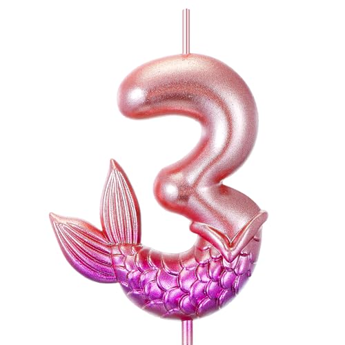 Conelist Mermaid Number Candles 2.95 Inches Mermaid Birthday Decorations Birthday Candles Numbers Happy Birthday Candles for Cake, Rose Gold and Purple Mermaid Cake Toppers (Number 3)
