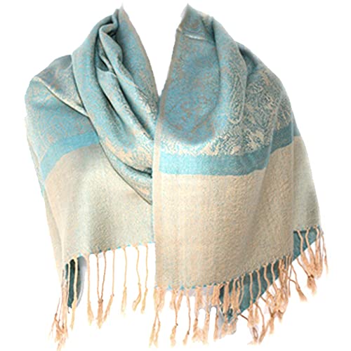 Silverfever Women's Shawl Vintage Jacquard Paisley Pashmina Special Occasion Wrap Evening Scarf Double Sided Stole (Champagne/Blue) #TOP6