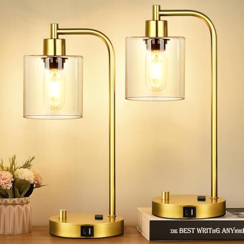 Lynnoland Set of 2 Industrial Table Lamps with USB Port, Gold Ful...