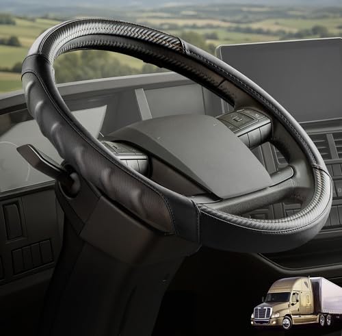 18 Inch Semi Truck Steering Wheel Cover for Freightliner Cascadia Kenworth T680 T880 Peterbilt 579 & Volvo VNL Heavy Duty Anti-Slip Leather Grip for Big Rig Class 8 Trucks Black