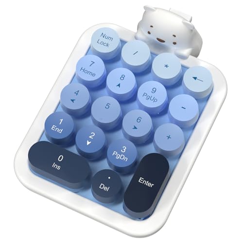 A.JAZZ AF18 Bezprzewodowa klawiatura numeryczna – przenośny mini numpad 2.4G, kompaktowy układ 18 klawiszy w stylu retro z uroczym, odpinanym misiem – do laptopa,PC i biura (Gradientowy Niebieski)