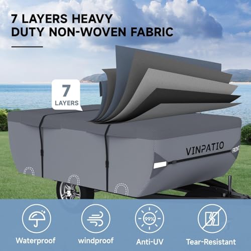 Image of VINPATIO Pop Up Camper Cover: Folding Camper Tent Trailer Cover Fits 16'-18' Trailers, Waterproof & Anti-UV Pop-up Camper Cover with Windproof Straps