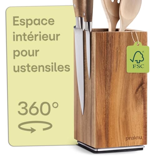 Praknu Bloc Couteaux Magnétique - 360° Rotatif Sans Couteaux FSC® Bois d'Acacia avec Espace pour Ustensiles de Cuisine - Aimant Puissant des Deux Côtés - Antidérapant