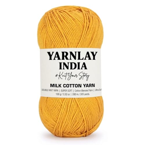 Image of Yarnlay 3 Ply Soft Milk Cotton Yarn for Crochet Knitting, Amigurumi, Punch Needle .DIY Crafts, Summer Wear,Flowers Toys & Cushion Covers 100g (250m) (Shade 5: Mustard Yellow)