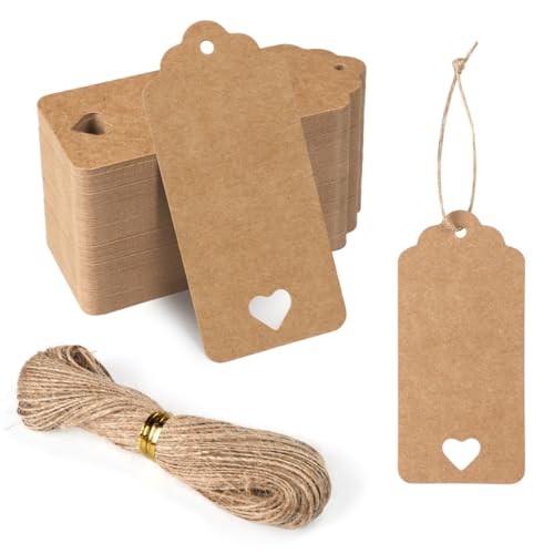 FOMGIIN Kraft Paper Gift Tags, 50 Pcs Brown Heart Tags with 30M Jute Twine String for Crafts, Wedding, Christmas, Easter, DIY