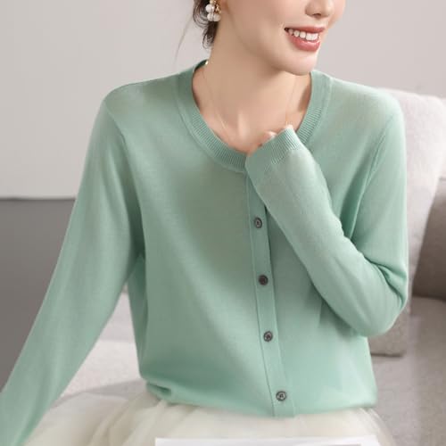 Image of Women's 100% Merino Wool Crew Neck Cardigan Sweater Top Long Sleeve Button Down 2025