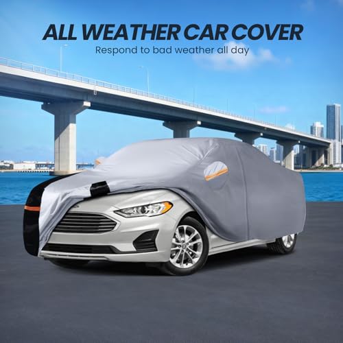 Image of Multi-Layer Car Cover Custom Fit for Ford Fusion(205-2026), 100% Waterproof All Weather for Automobiles, Gift with Towel, Heavy Duty Car Covers for Rain Sun UV Protection with Door Zipper