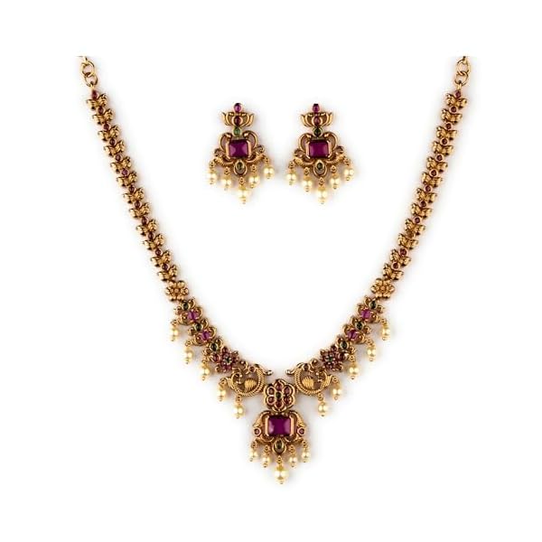 Sasitrends Enchanting Gold Plated Peacock and Floral Pearl Necklace Jewellery Set for Women & Girls