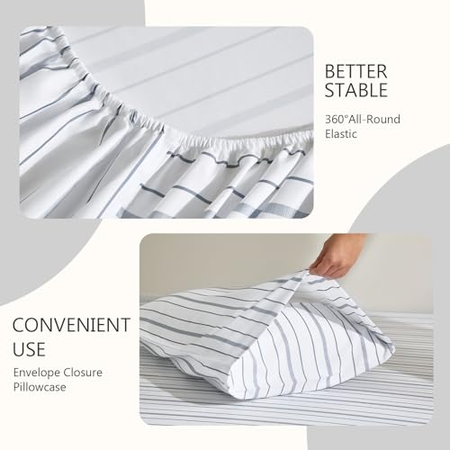 Image of MCO 4Pieces Striped Sheets Set, Breathable King Sheet Set with 16 inch Deep Pocket,Modern & Luxury, Brushed Microfiber Bedding Set(King, White)